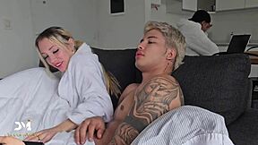 Stepsiblings fuck stepdad secretly while watching tv?