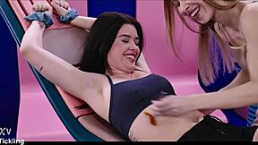 cute brunette brill angel tied up and tickled by nata gold's petite feet