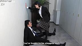 Japanese office lady dominates naked male in cfnm face sitting and footjob session at work