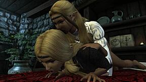 Meralin & Eralin engage in bent over blowjob and doggystyle in Skyrim