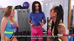 fitness loving housewifes engage in a threesome with the gym guy