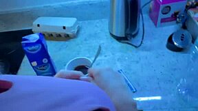 sexy alice gives blowjob to boyfriend in kitchen, takes huge cumload in mouth.