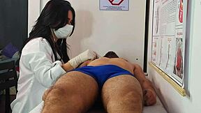 Getting a hard erection right in front of the sexy nurse