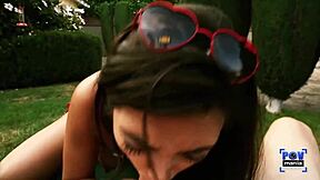 Frida Sante, the insatiable star, milks a cock in the backyard pov.