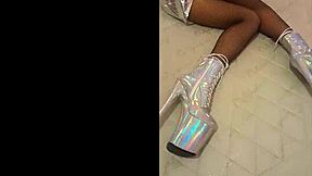 Total silver fishnet pantyhose! I'm wearing beautiful ankle boots with high heels, silver black fishnet.