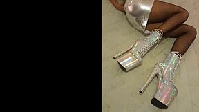 Total silver fishnet pantyhose! I'm wearing beautiful ankle boots with high heels, silver black fishnet.