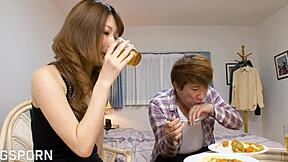 Hot japanese couple with sexy girlfriend has sensual sex in tokyo city?