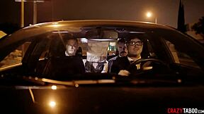 petite teen submits her body to two men in black suits for hardcore group sex