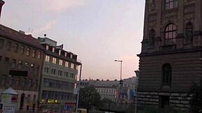 a cute teen girl joins a public threesome in the city center.