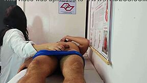 Getting a hard erection right in front of the sexy nurse