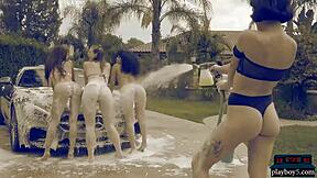 Playboy babes in hot bikinis washing a mercedes amg gt