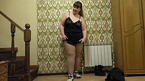 Foot fetish with trying on different shoes on plump legs in nylon pantyhose amateur with a curvy milf pawg