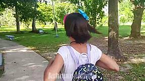 Slutty School Girl Flashes Barefoot On Swingset!