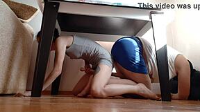 Girls hide under the table from stepmother to touch themselves