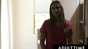 Nurse Laney Grey comforts lesbian Bunny Madison with tongue.