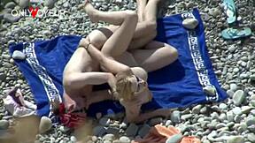 Beach Voyeur Spots Juicy Ass White Girl Getting Fucked Doggystyle and Creampied Outdoors by Chubby Milf with Natural Tits.