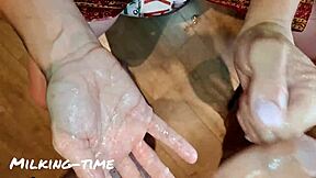 I used my pretty pink nails to make him cum four times during milking time