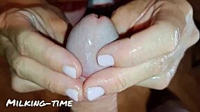 I used my pretty pink nails to make him cum four times during milking time