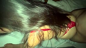 Milf in red lingerie moans against wall