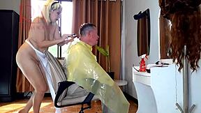 Nude Lady Hairdresser In Apron Surprises Client In Barbershop
