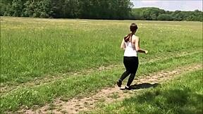 Stretching both holes of beautiful runner with blowjob and cumshot