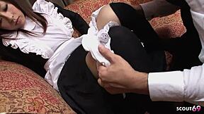 Asian teen maid chats with old guy