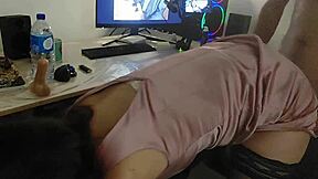 white slut in satin dress and thong with stockings and heels does doggy style blowjob and rimming