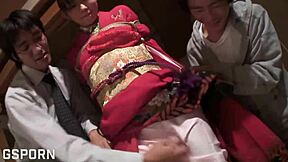 Japanese Teen in Kimono Fucked Hard in Threesome