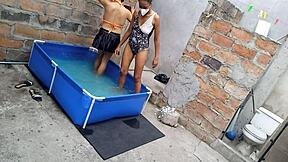 Athletic Indian Woman And Plump Latina Enjoy Poolside Vacation As Sun Warms Their Bodies