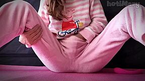 Big squirting cum petite teen in pajama small tits masturbating fuck pussy closeup 😍