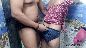 Indian Bhabhi Gives Handjob In Bathroom, Husband Cums On Blue Panty