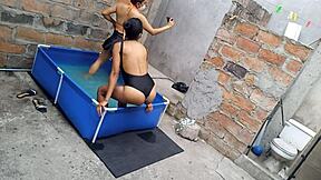 Athletic Indian Woman And Plump Latina Enjoy Poolside Vacation As Sun Warms Their Bodies