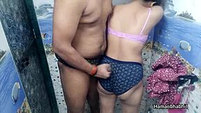 Indian Bhabhi Gives Handjob In Bathroom, Husband Cums On Blue Panty