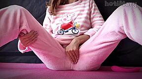 Big squirting cum petite teen in pajama small tits masturbating fuck pussy closeup 😍