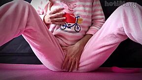 Big squirting cum petite teen in pajama small tits masturbating fuck pussy closeup 😍