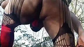 Reymisterio422 explores favorite forest spot with crossdressing transsexual outdoor toy play