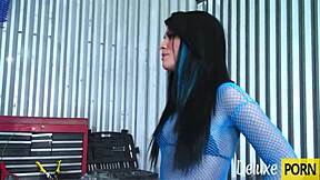 brunette in high heels gets banged in her hairy wet pussy