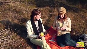 i love watching these two brunettes have wild lesbian sex with a strapon on a hike