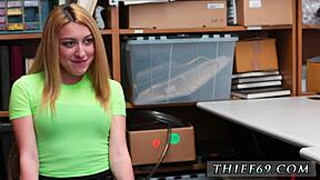 Teen girl and blonde amateur on desk as officer watches teen 18+ager