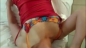 french amateur in satin red dress red panties garter belt heels stockings deepthroat cowgirl doggystyle panty job pov dirty talk