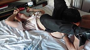 White Slut Sucks Rims Fucks in Satin Lingerie Thong Dress Stockings Heels