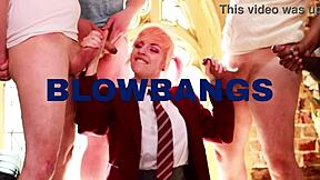 Victoria Greene sucks cock and gets her uniform drenched in cum at the milking table