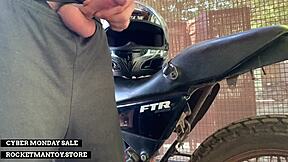 man attaches rocketman toy to motorbike and shakes from orgasm sponsored by store