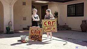 Milf mommy and mother in law try bikini car washing fun.