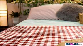 petite gf gets hairy pussy eaten during facesitting with brunette