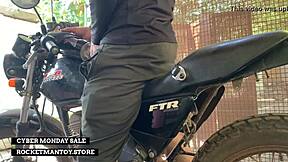 man attaches rocketman toy to motorbike and shakes from orgasm sponsored by store