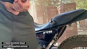 man attaches rocketman toy to motorbike and shakes from orgasm sponsored by store