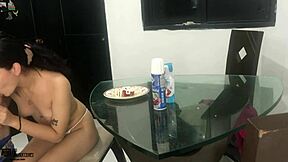 Amateur gets horny eating strawberry cream cock part 1