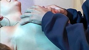 James slides his big cock between Sara's huge tits and shoots cum straight into her open mouth