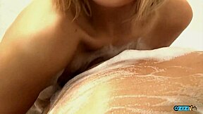 Oriental bombshell pisses on old perv then deals with two horny fuckers